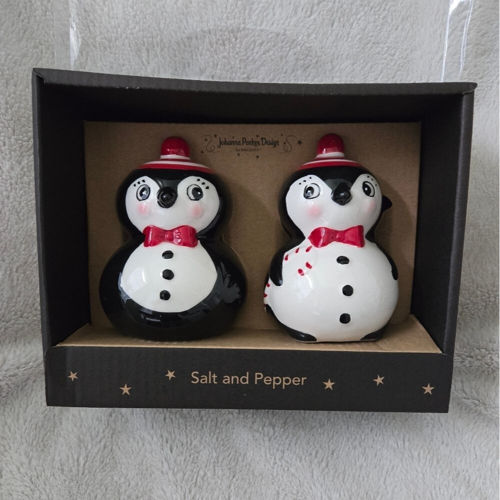 Carnival cottage penguin salt and pepper set by Johanna Parker NWT